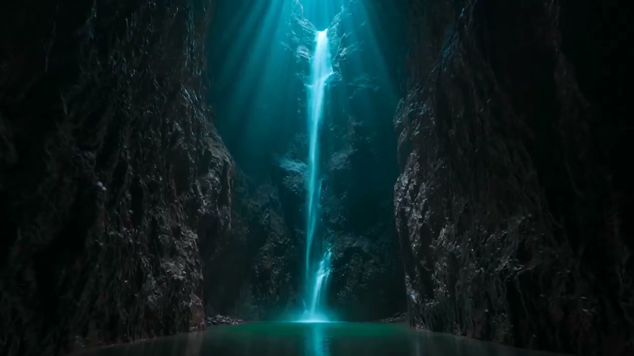 Teal canyon walls descending into darkness