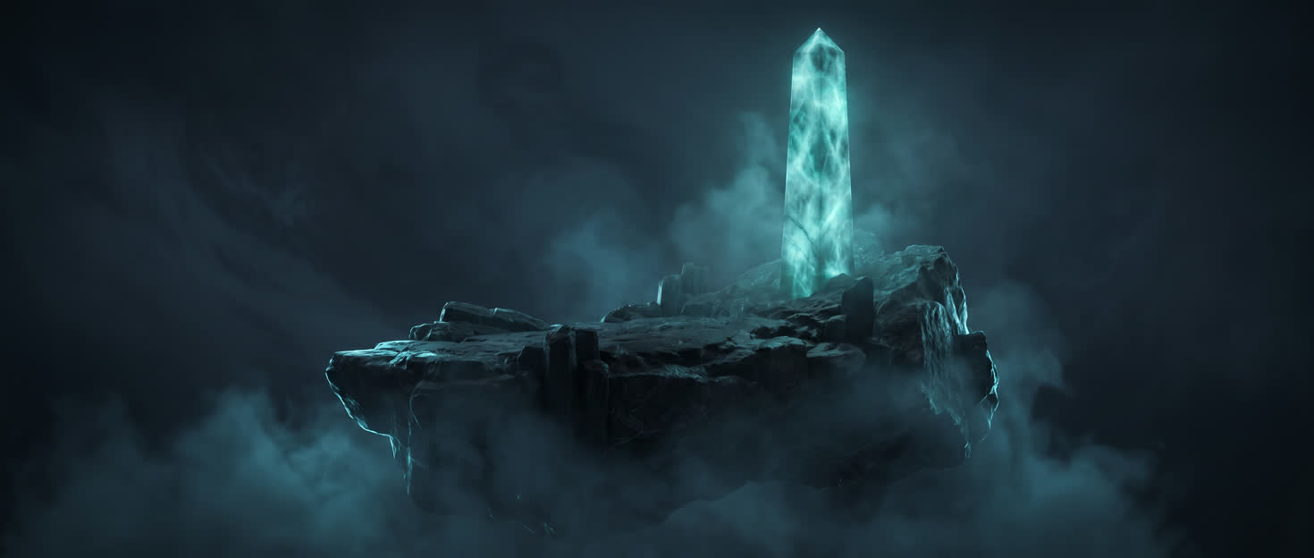 Teal crystal obelisk on a floating rock — Domain + Hosting made monument