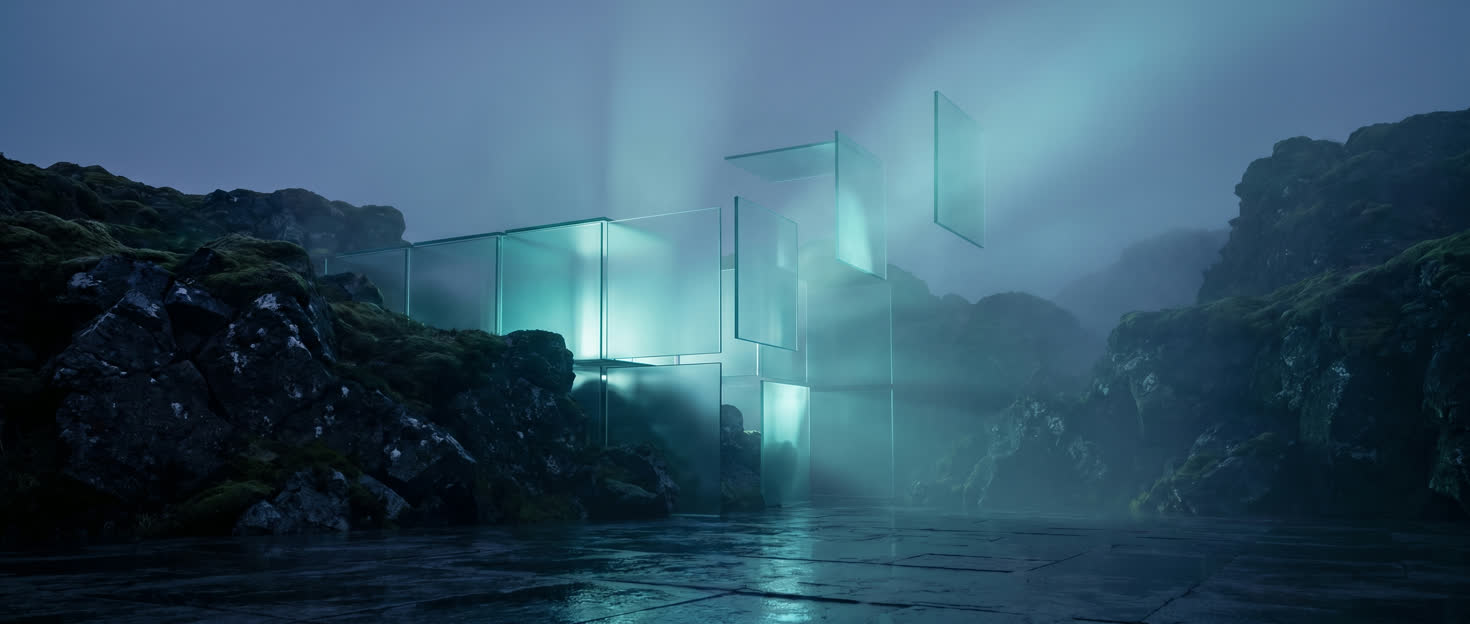 Glass panes converging into a glowing cube — Webdesign + Deployment made monument
