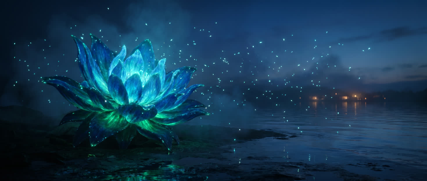 A bioluminescent lotus opening in dark water — Social Media Content made monument