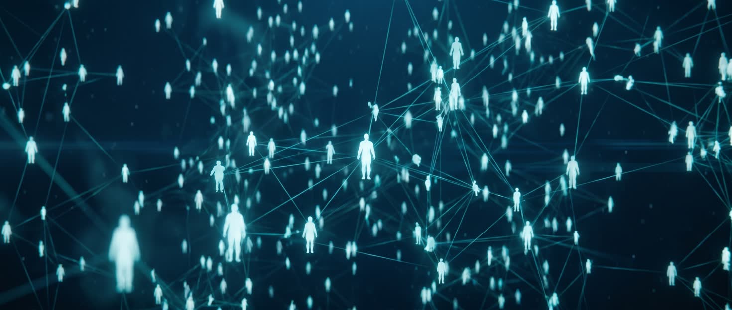 Fly-through of a glowing human-node network — CRM Systems made monument