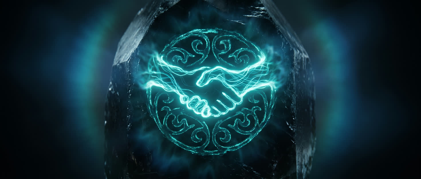 A luminous seal glowing inside dark crystal — Digital Signature made monument