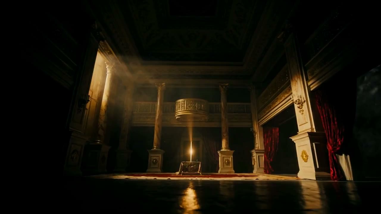 A shaft of golden light falling on a treasure chest in a dark baroque hall