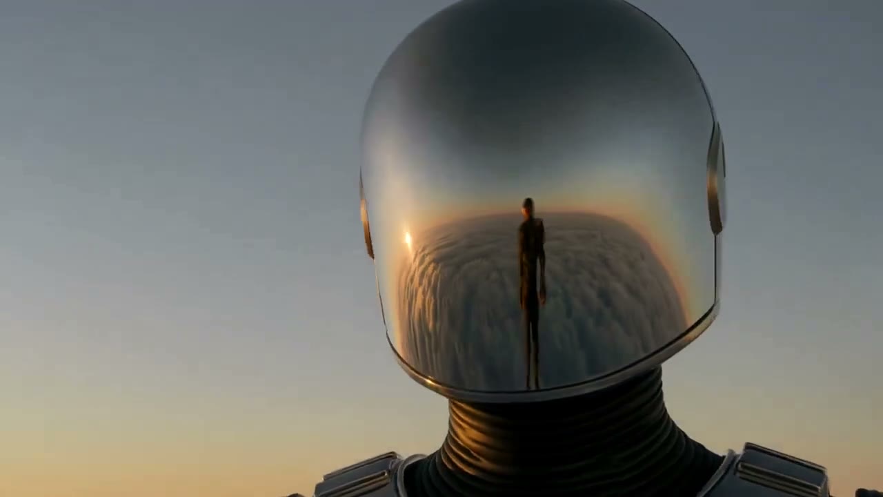 A chrome-suited operator standing in golden-hour light