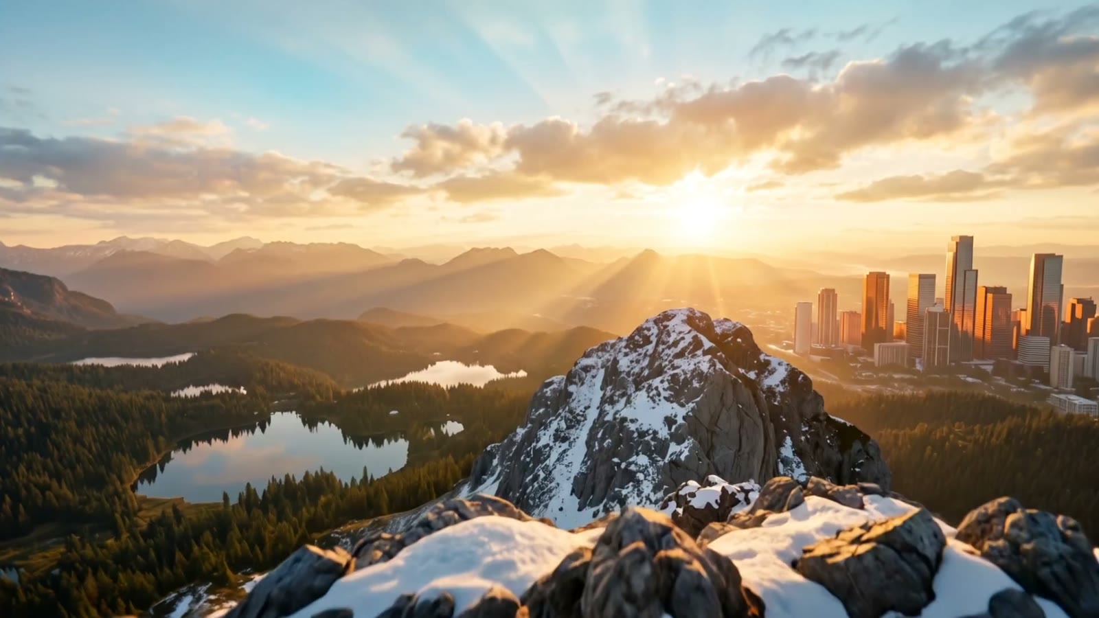 Golden dawn over mountain peaks, a city glinting on the horizon