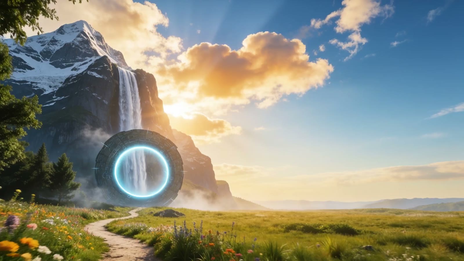 A sunlit meadow path leading toward a glowing ring portal