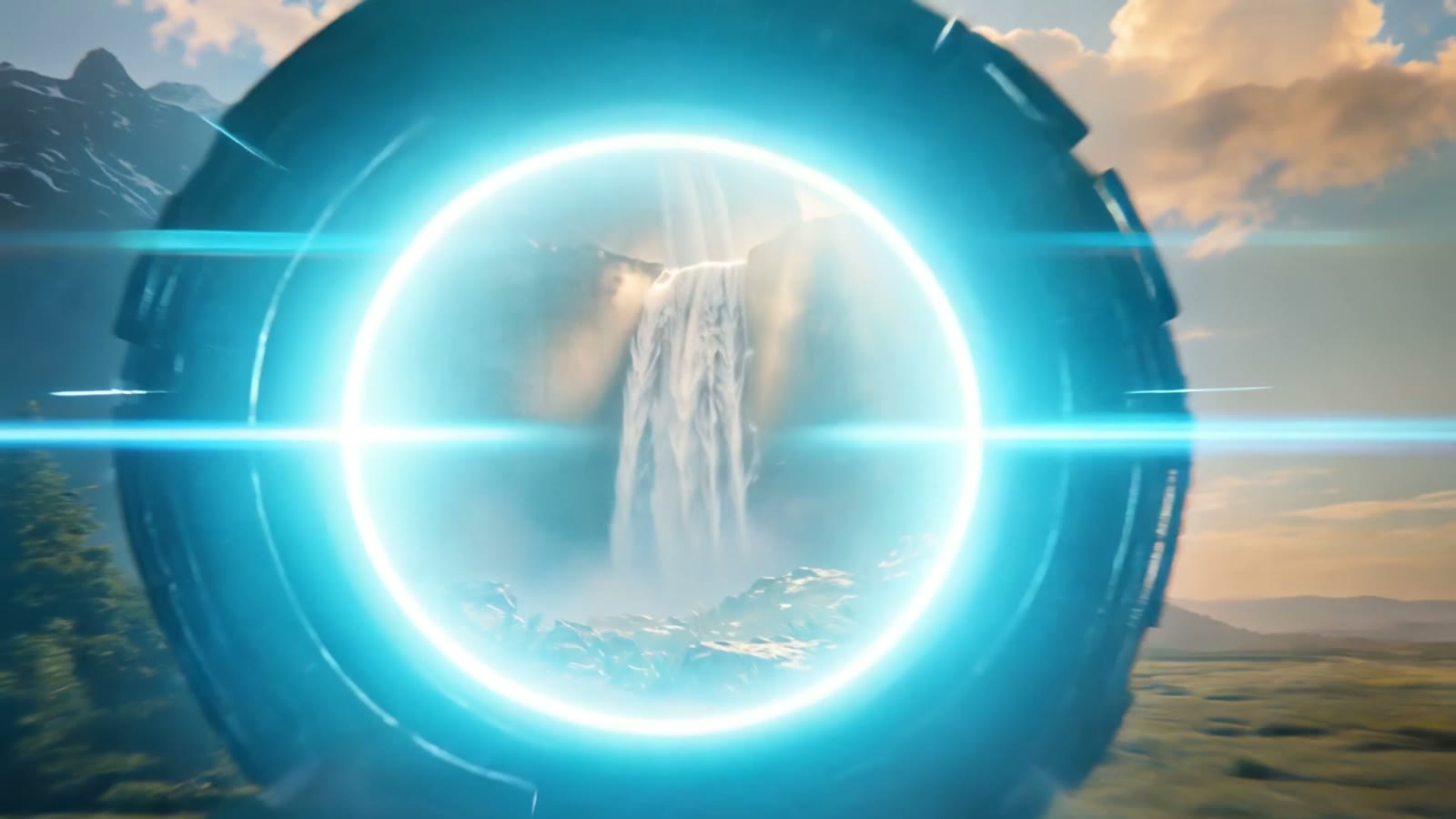 A luminous ring hovering over a waterfall sea