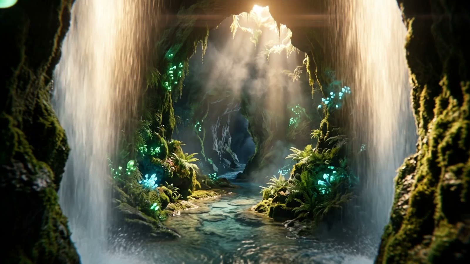 A vaulted grotto with an arched portal of light
