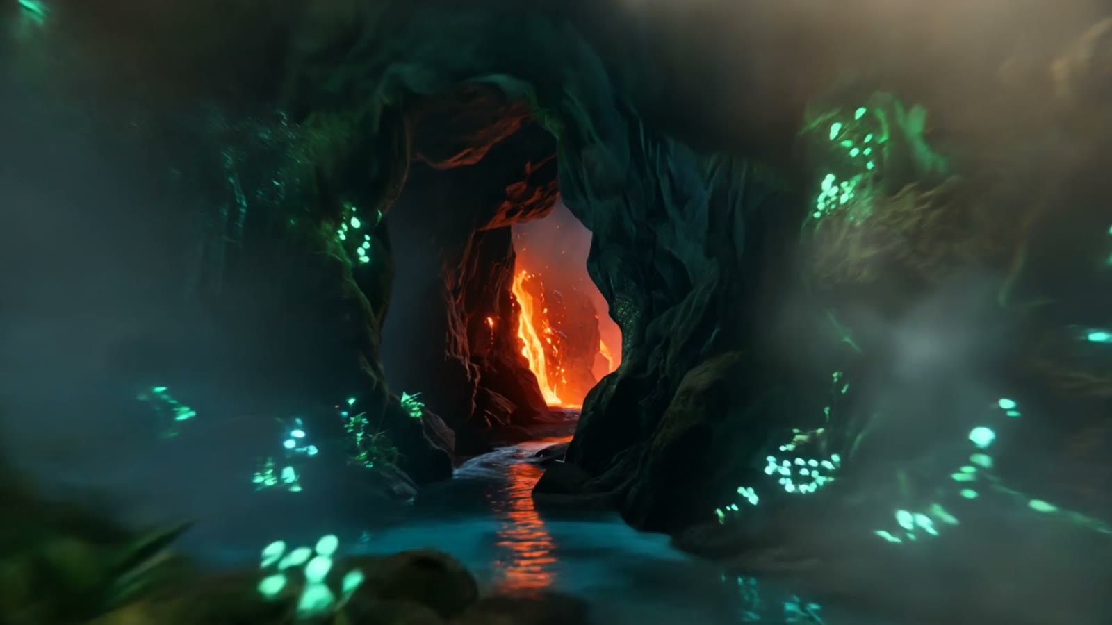 An ember-lit cavern gate glowing candle-amber