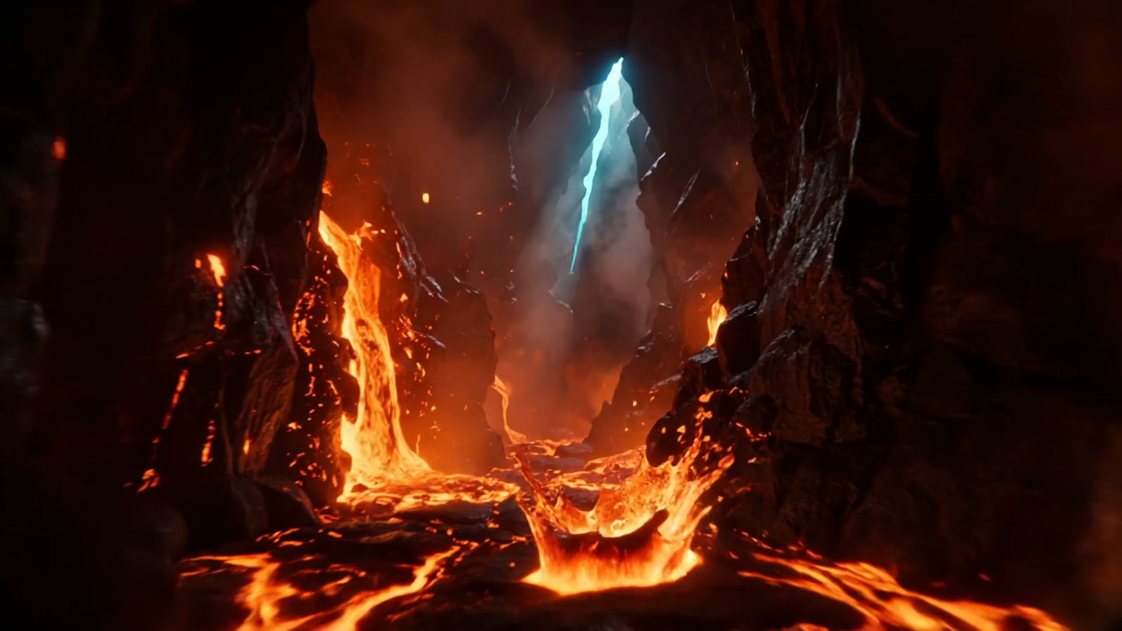 Falls of embers pouring through a dark cavern