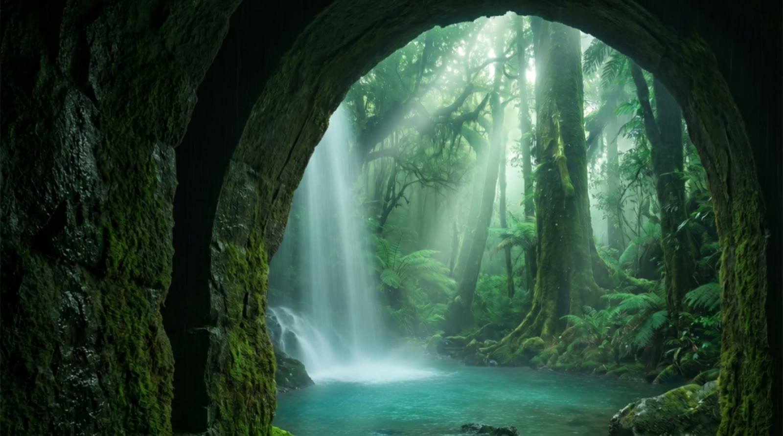 A waterfall vault deep in still forest