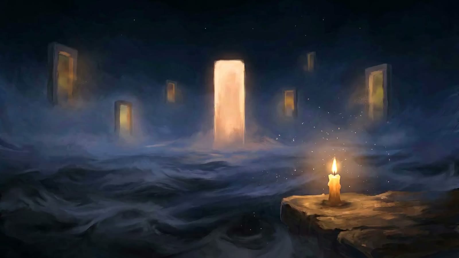 Floating doorways over a dark dusk sea, an amber portal glowing between them