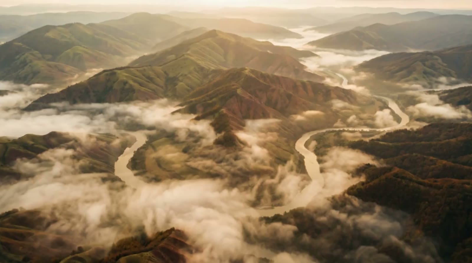 A golden aerial drift over a misty valley at dusk