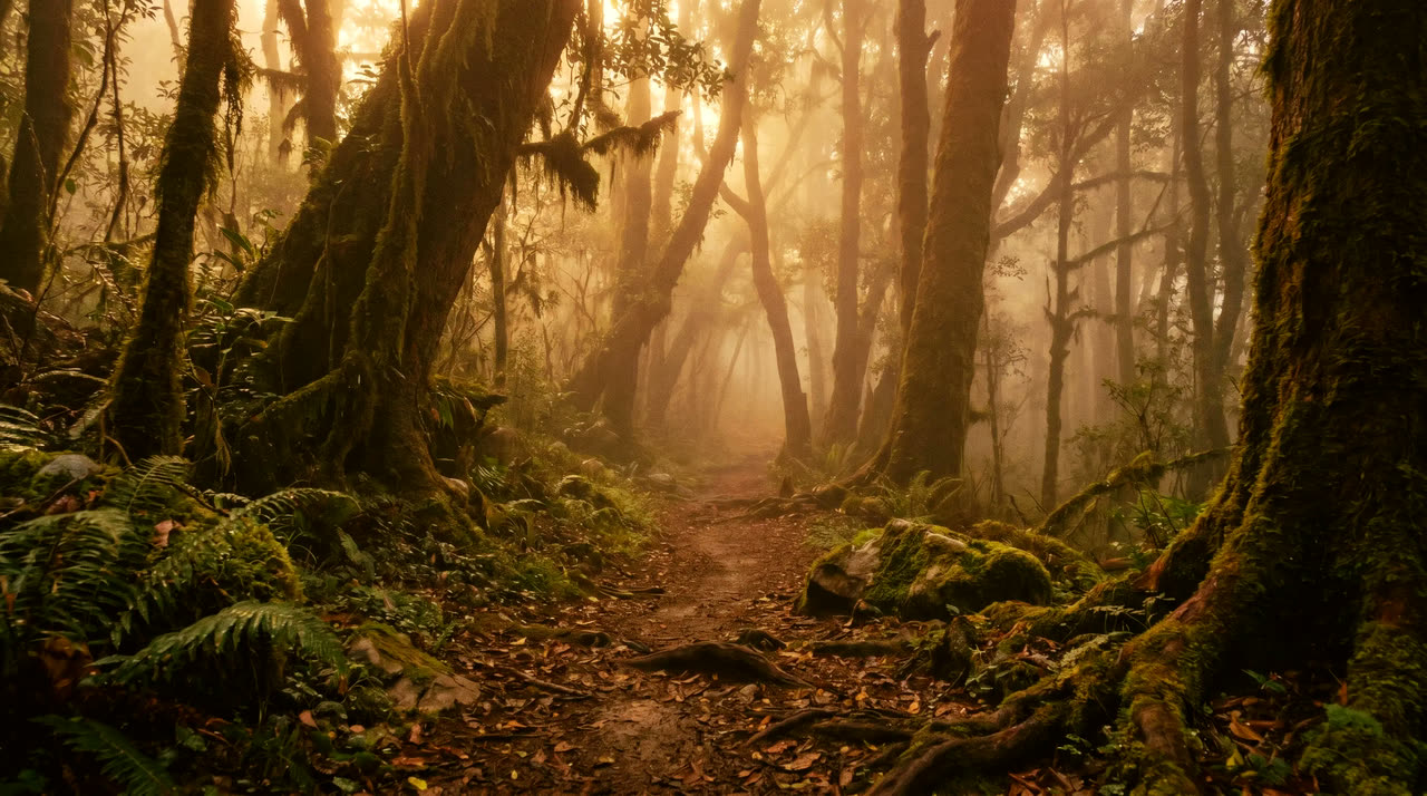 A path winding into an ancient misty forest at dawn
