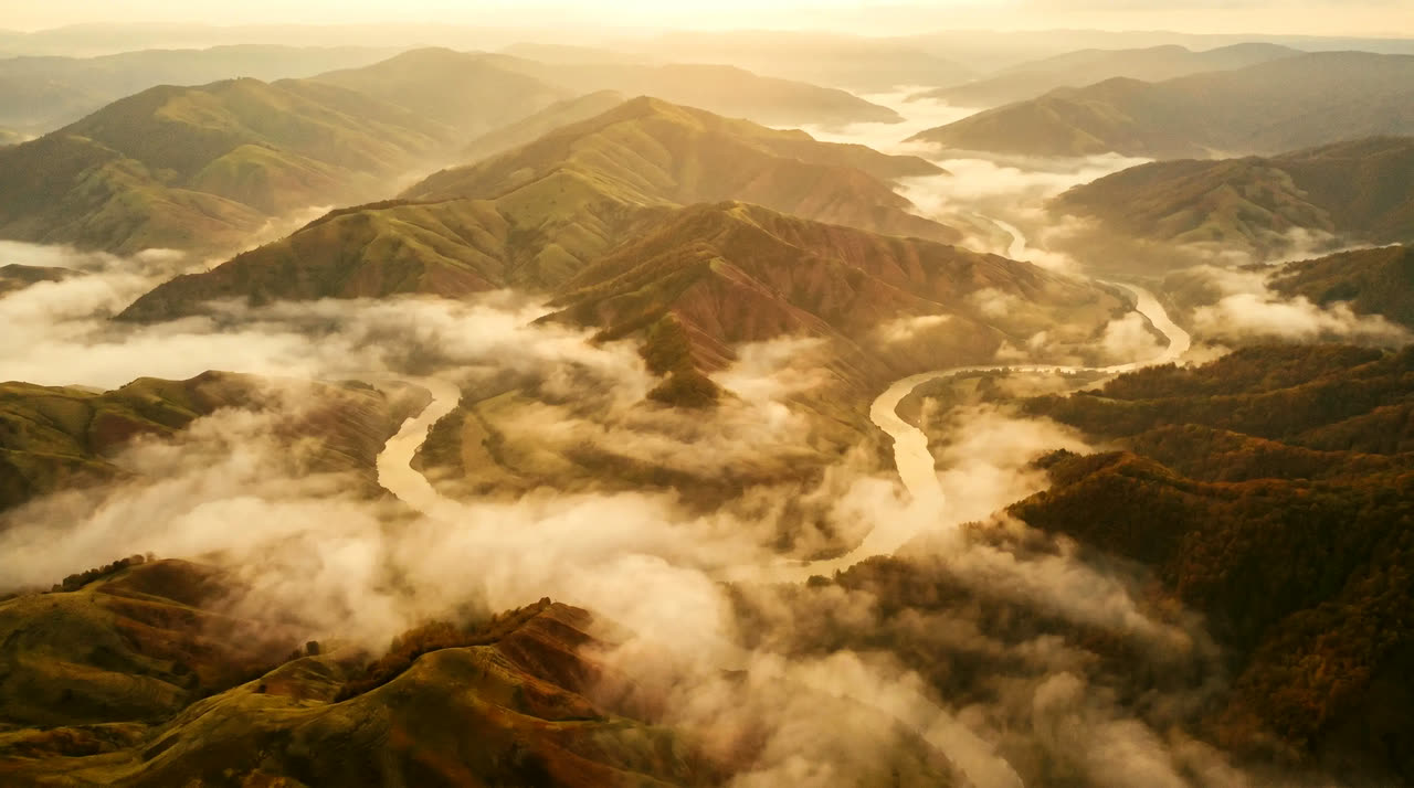 Aerial view over misty terrain