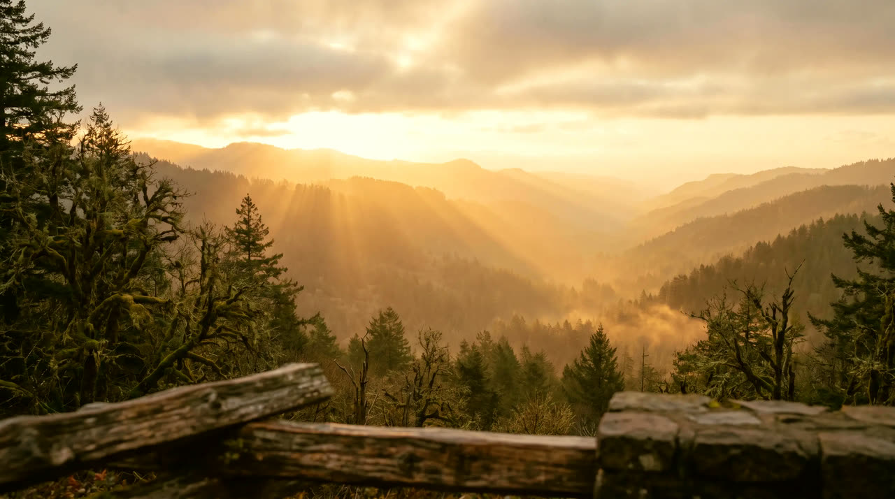 Sunrise breaking over a wide valley